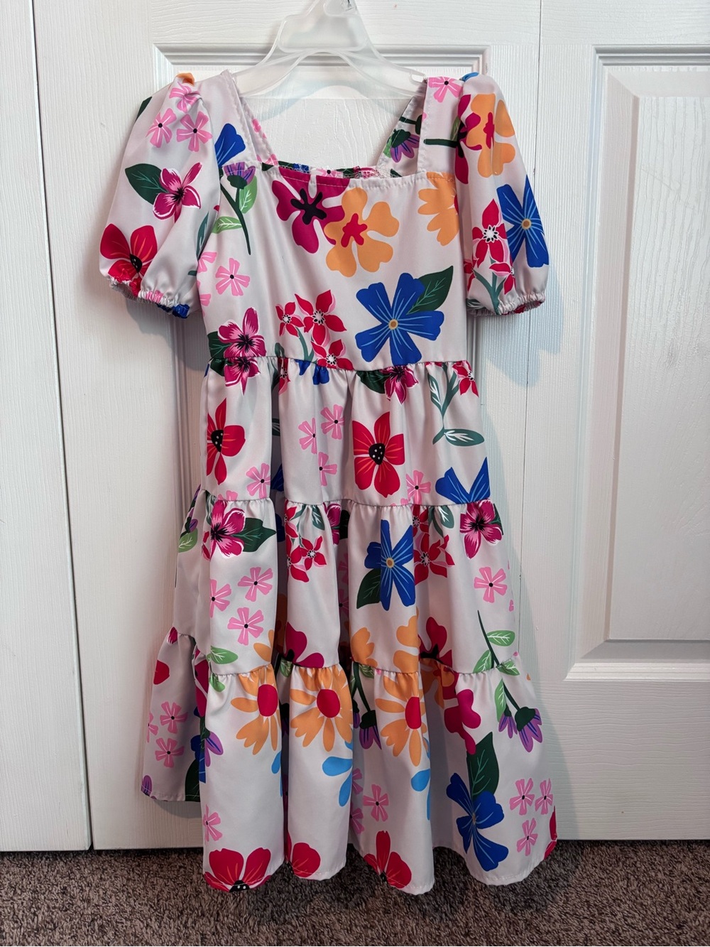 Girls' Floral Tiered Dress - White with Multicolor Flowers